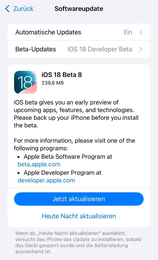 奉化苹果手机维修分享苹果 iOS / iPadOS 18 开发者预览版 Beta 8 发布 